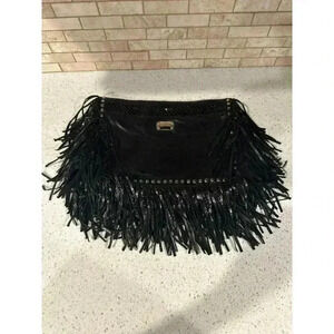 Jimmy Choo Black Snakeskin and Leather Studded Fringe Shoulder Bag #g4